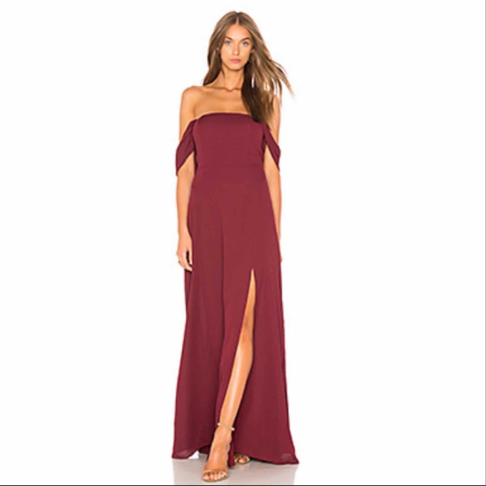 Front slit off the shoulder maxi dress in maroon